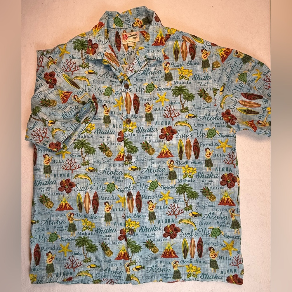 Hilo Hattie mens Hawaiian shirt XL blue hula girls vacation Resortwear Beach